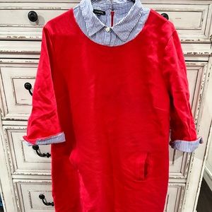Red Talbots collared layered dress. “Right above the knee”